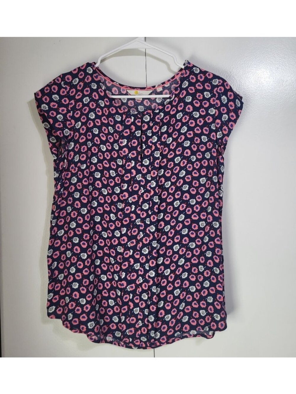 BODEN Womens SZ 6 Pleat Front Top Azalea Floral Print Keyhole Blouse Navy Pink